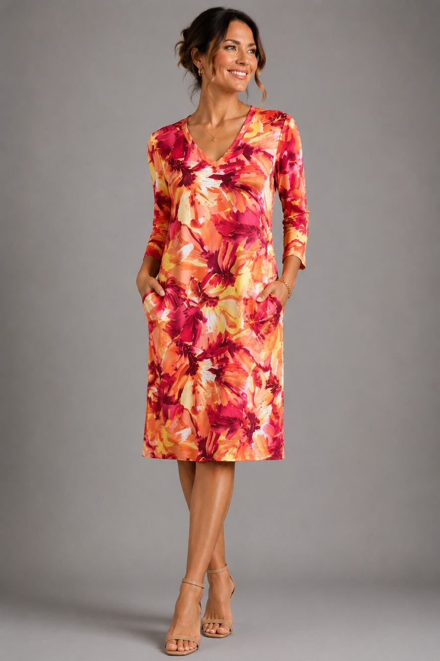 Women’s Orange Red Floral Midi Dress Stretch Knit Pockets M/L